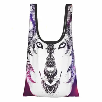 

Folding Shopping Bag Wolf Head Galaxy Eco-friendly Reusable Portable Shoulder Handbag for Travel Grocery Pocket Tote Bag