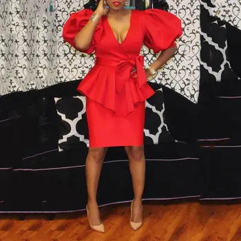 

Two Piece Sets Office Ladies Puff Sleeve and Bodycon Skirt Elegant Women Sets Party Dinner 2PCS Set Suits Plus Size 2XL Red