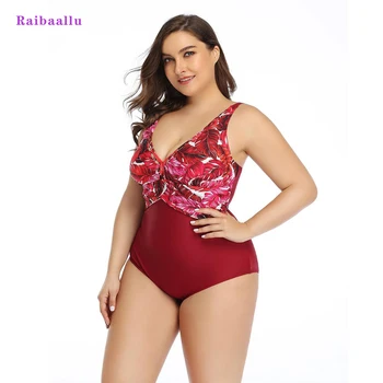 

Raibaallu Summer Plus Size Swimsuit V Neck Print Front Cross Beach Bathing Suit One Piece Lady Sexy Beachwear L-4XL