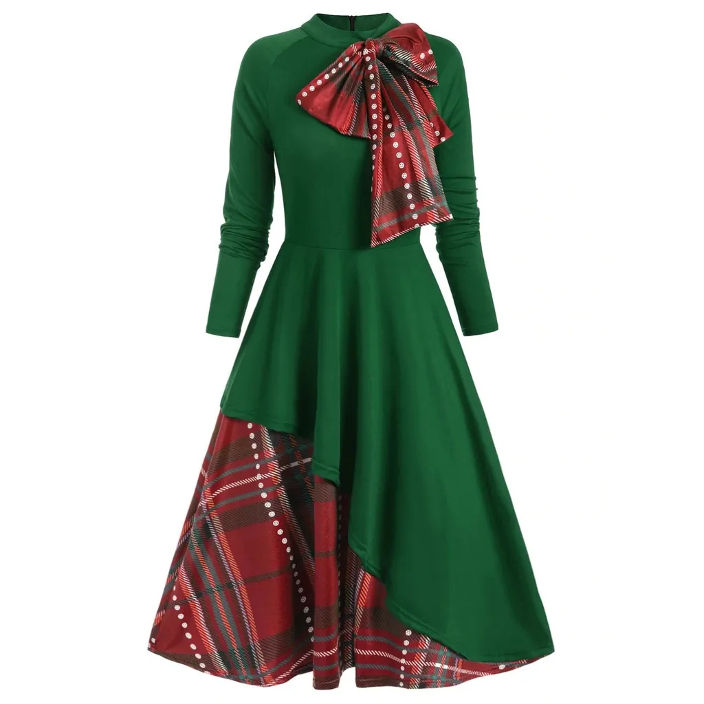 dress women 2020 autumn Winter new Women Party Plaid Contrast Bowknot Long Sleeves Overlay Dress women dress party dress new *