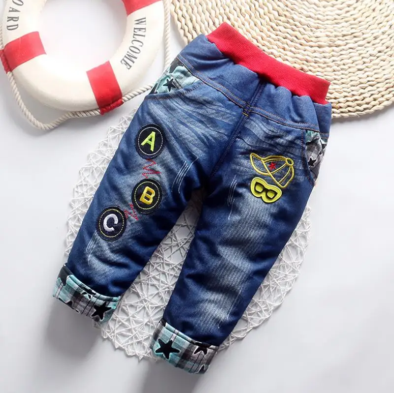 2019New мод Девушки осень-зима плотные детские джинсы для маленьких BoyEmbroidery джинсы с эластичной резинкой на талии для мальчиков; зимние брюки теплые штаны - Цвет: Серый