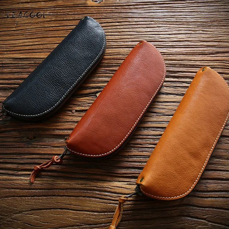 LEACOOL Handmade Genuine Leather Pencil Bag Vintage Big Capacity Cowhide Zipper Pen Case School Office Stationery | Багаж и сумки