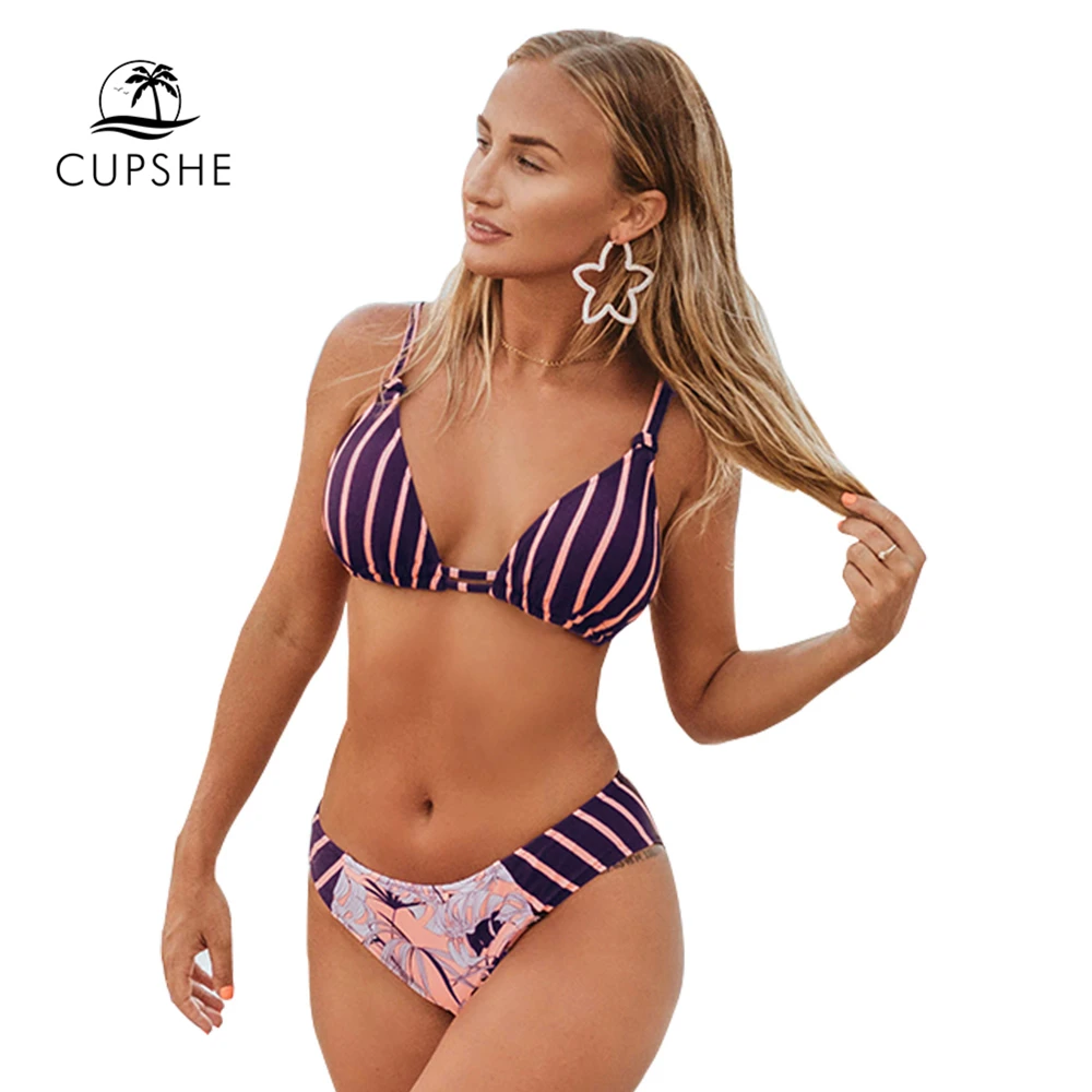 CUPSHE фиолетовые полосатые и цветочные комплекты бикини со средней талией