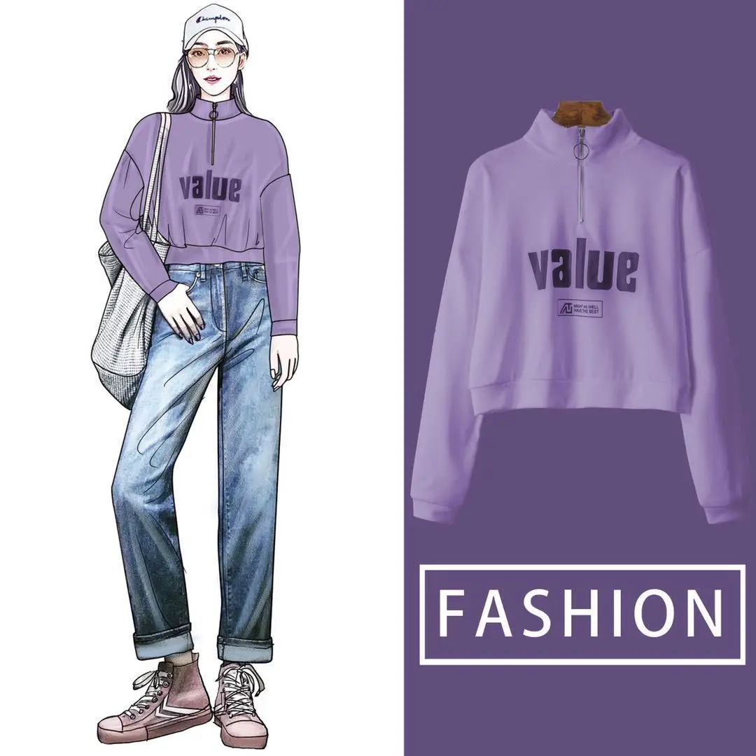 

2020 New Zipper Short Collar Wei Yi Women Spring and Autumn Thin Korean Version of The Tide Ins High Waist Hoodies Sweatshirt