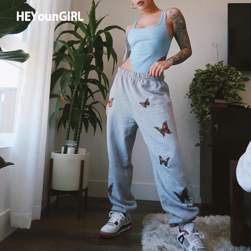HEYounGIRL Butterfly Printed Elastic High Waist Harem Pants Capris Casual Loose Joggers Fashion Gray Long Trousers Women Pockets HEYounGIRL Butterfly Printed Elastic High Waist Harem Pants Capris Casual Loose Joggers Fashion Gray Long Trousers Women Pockets