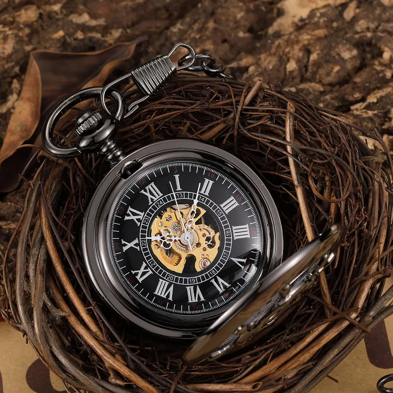 Bronze Boat Rudder Mechanical Pocket Watches for Men Steampunk Skeleton Pocket Watches Fob Clip Chain Gifts Reloj De Bolsillo