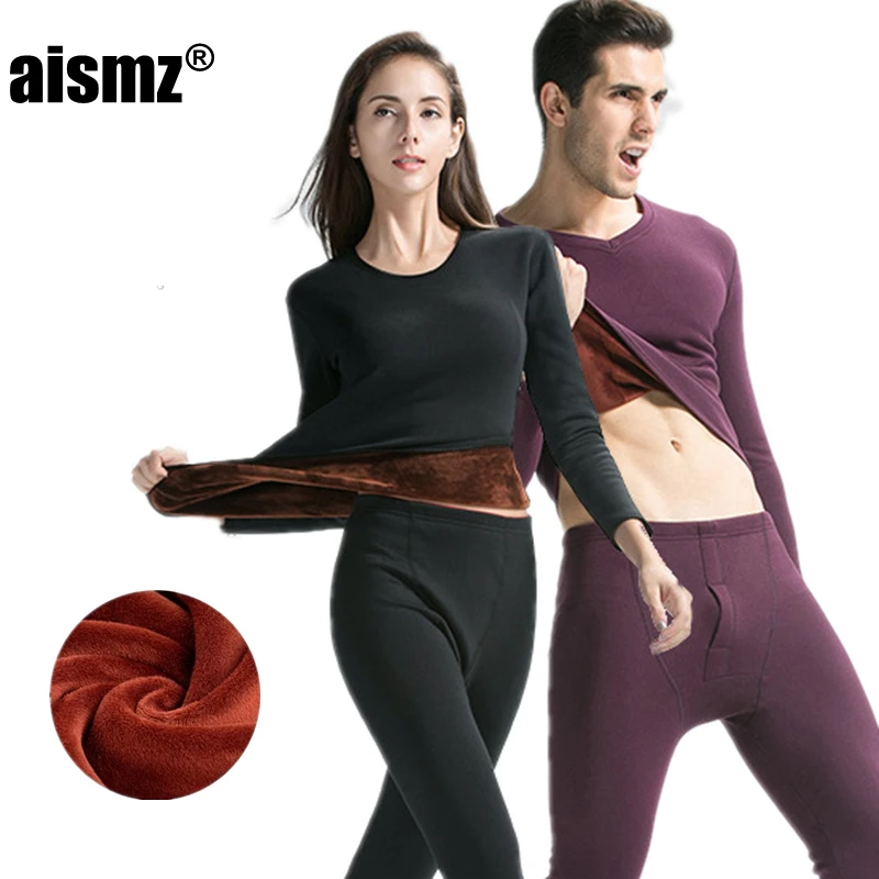 Aismz Thermal Underwear Sets For Men Winter Thermo Underwear Long Johns Winter Men Women velvet Thick Thermal Clothing Solid mens thermal long johns