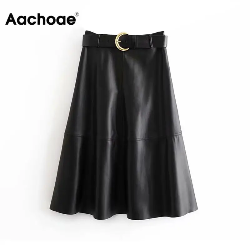 Online Falda elegante de cuero de PU con cinturón elegante Línea A Falda Midi negra con cremallera lateral para Mujer Faldas de mujer con estilo