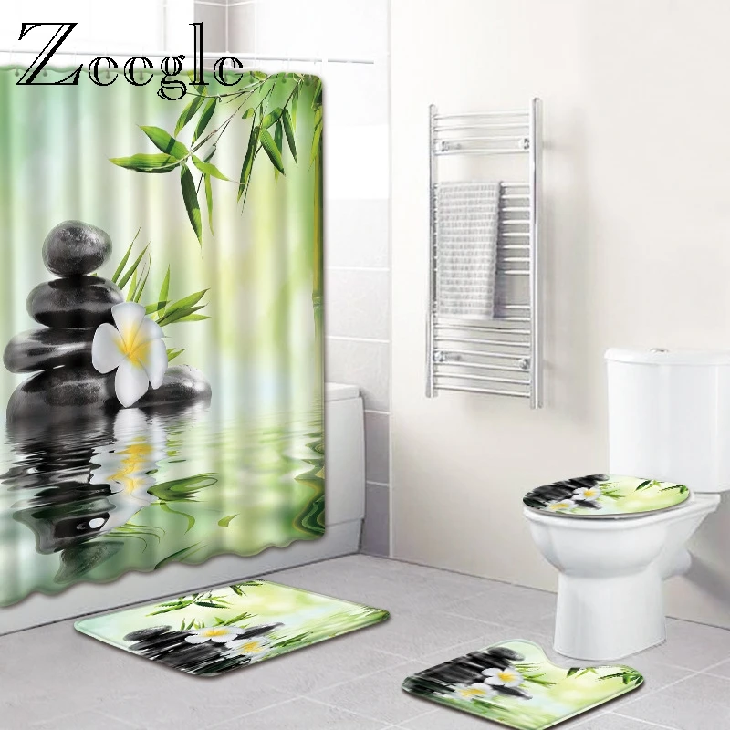 Zeegle Toilet Set Shower Curtain Toilet Pedestal Rug Flannel Soft Toilet Seat Cover Mat Waterproof Bathroom Curtain Bath Mat Set