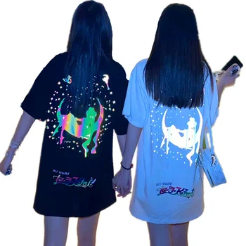 

Harajuku Women Sailor Moon Reflective Print T-shirts Fashion Summer Short Sleeve Loose Casual Shirts Female Night Luminous Top
