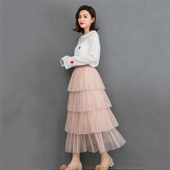 

Women High Waist Pleated Tulle Long Skirt Polka Dot A Line Summer Tutu Ball Gown Party Club jupe femme Streetwear