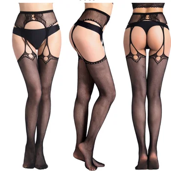 

Women Sexy Lingerie Elastic Stockings Hollow Garter Transparent Black Fishnet Stocking Thigh Sheer Tights Open Crotch Pantyhose