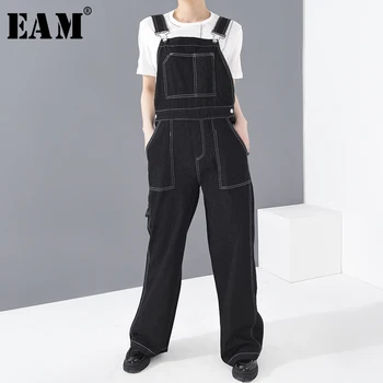 

[EAM] Black Denim Overalls Big Size Wide Leg Jeans New High Waist Loose Women Trousers Fashion Tide Spring Autumn 2020 1S21301S