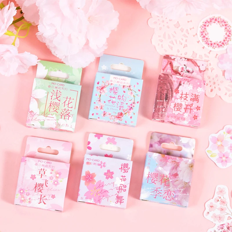 Mini pegatinas decorativas de flores de cerezo de Sakura, adhesivo papelería Kawaii, para diario, bricolaje, 45 Uds.