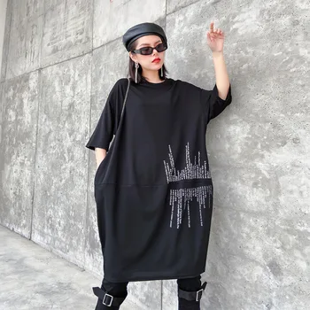 

Simple Short Sleeve T-shirt Black Dress 2020 Summer Fashion Letter Print Crew Neck Loose Cotton Pocket Medium Length Dress