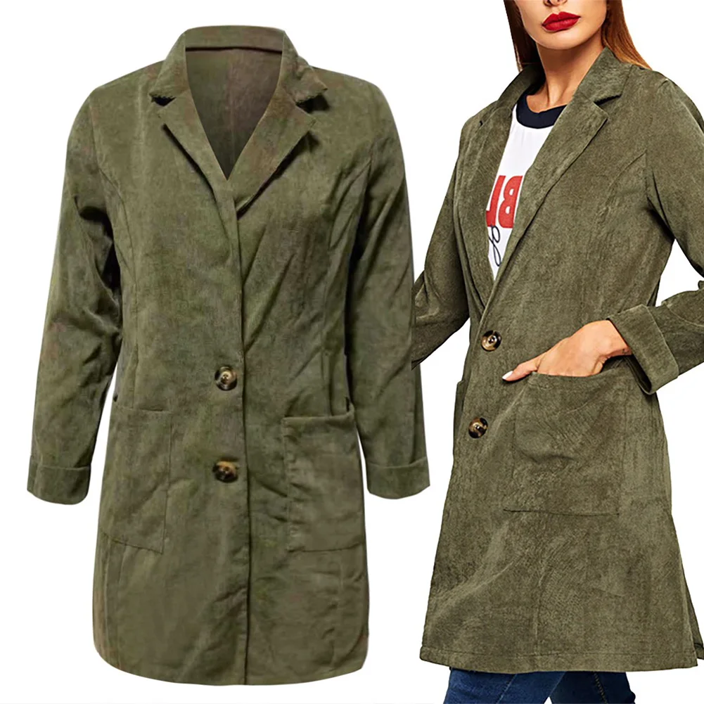 High Quality Women'S Fashion Autumn Solid Color Notched Long Sleeve Jacket With Double Pocket Button Casual Suit Collar Jacket