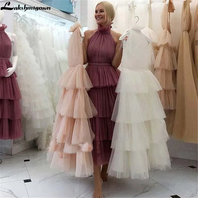 picture color Lakshmigown Новое Многоярусное длинное вечернее платье с высоким вырезом ТРАПЕЦИЕВИДНОЕ вечернее платье для выпускного вечера женское вечернее платье vestido longo - Цвет: picture color