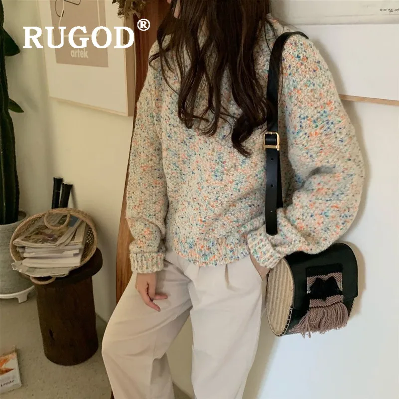 RUGOD зимний теплый цветной женский свитер с круглым вырезом и длинным рукавом, свободные мягкие вязаные пуловеры, Модные женские шикарные корейские Топы