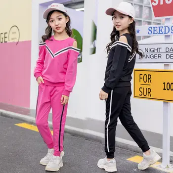 

Fashion Big Girls Sports Suits Off Shoulder Black and White Clothing Set for Teenage Autumn Tracksuit Kids Plus Size Sportswear