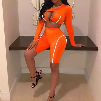 

GAOKE women slim skinny two pieces set Reflective striped patchwork outfit 2020 hollow out button crop top tracksuit