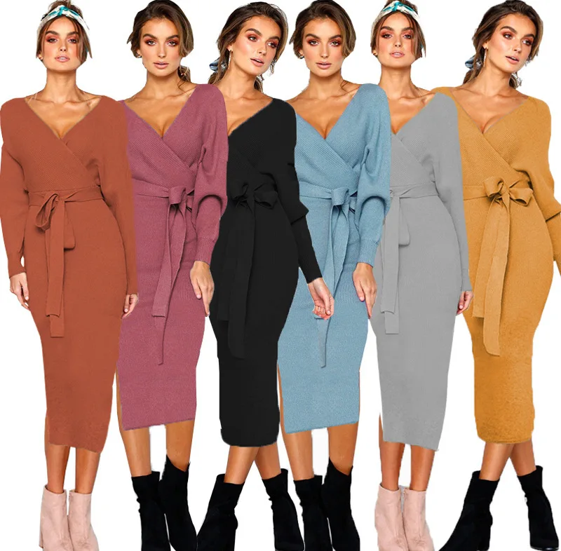 

5-Color Hot Selling Hot Selling 2020 Spring And Summer Sexy V-neck Lace-up Long Sleeve Dress