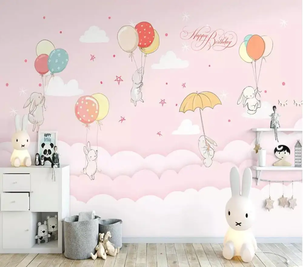 

Drop Shipping Custom 3D Wallpaper Mural Hand-painted Small Fresh Cloud Rabbit Children's Room Wall Decoration Wallpaper Mura
