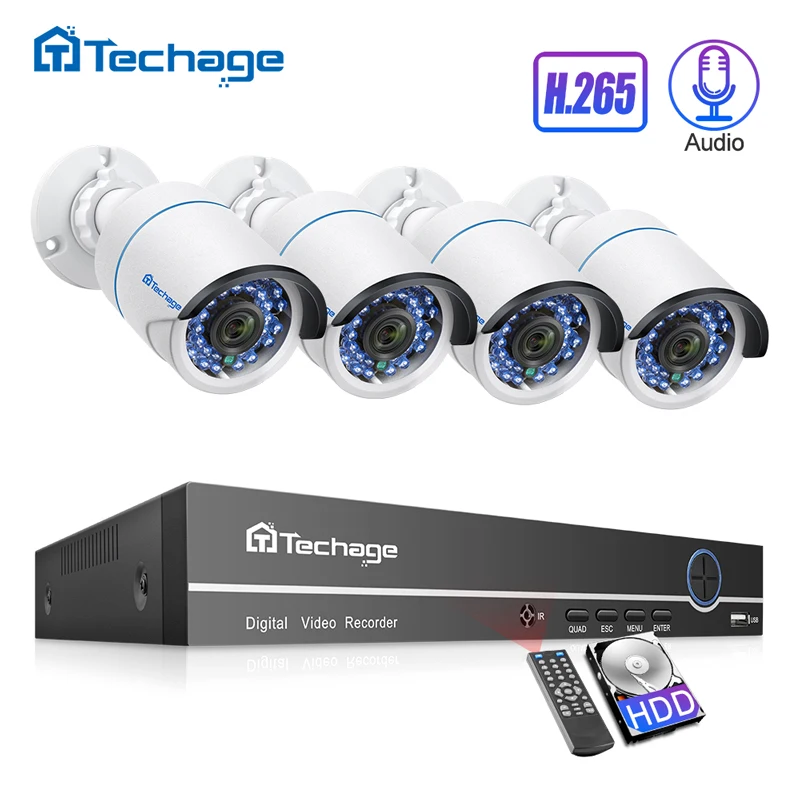 Techage H.265 4CH 1080P POE NVR Kit CCTV Security System 2.0MP Audio Microphone IP Camera IR Outdoo
