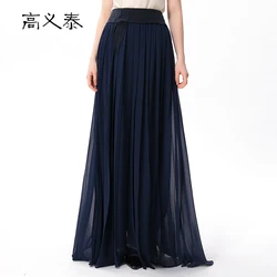 Gaoyitai elegante assimétrico dupla camada georgette seda a linha plissado saia senhoras escritório cintura natural saias longas novo cy002