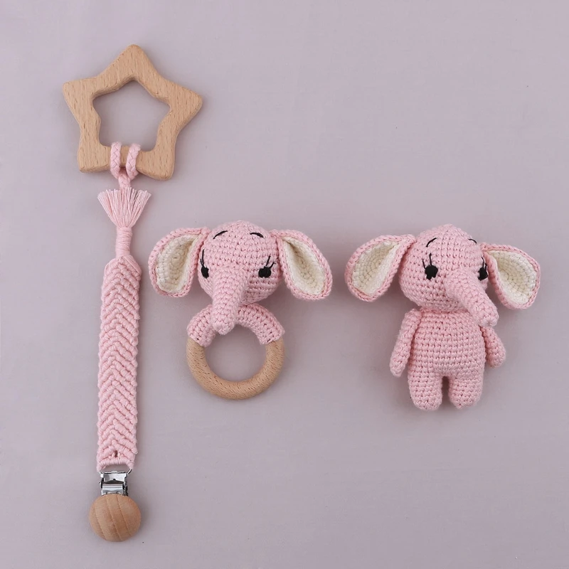 Mordedor de elefante de ganchillo para bebé, pulsera de dentición de cuentas de silicona sin BPA, Clip de chupete para bebé, roedores, sonajero de madera, Juguetes