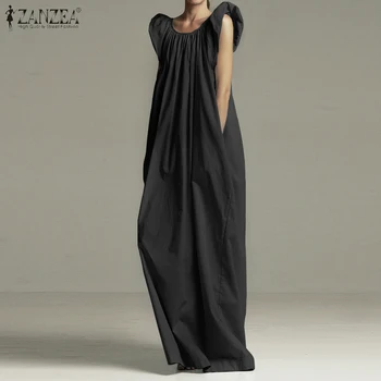 

Women Ruffles Sleeveless Dress Sundress ZANZEA 2020 Summer Dress Long Maxi Vestidos Solid Cotton Pockets Long Shirts Kaftan 7
