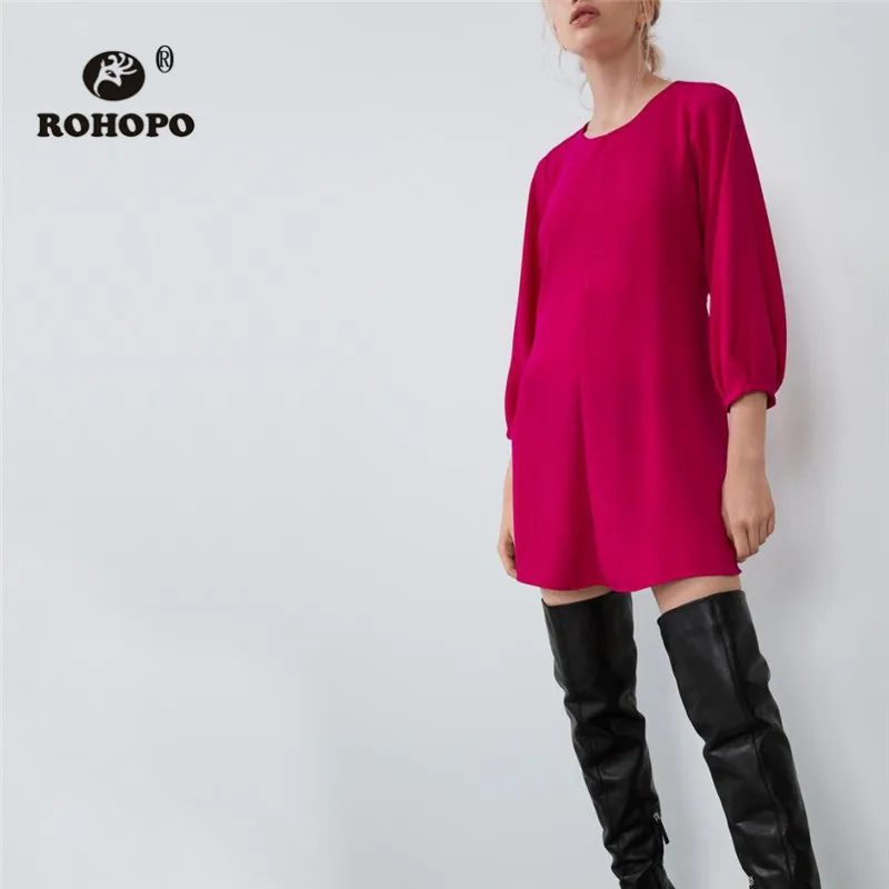 

ROHOPO Round Collar Three Quarter Sleeve Deep Pink Mini Dress Back Bow Waist Pleated Hem Solid Ladies Autumn Vestido #9052