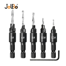 JelBo 5Pcs Countersink Drill Bit for Wood HSS Twist Drill Bit Set Drilling Tool Set Carpentry Milling Cutter Chamfer Hex Shank