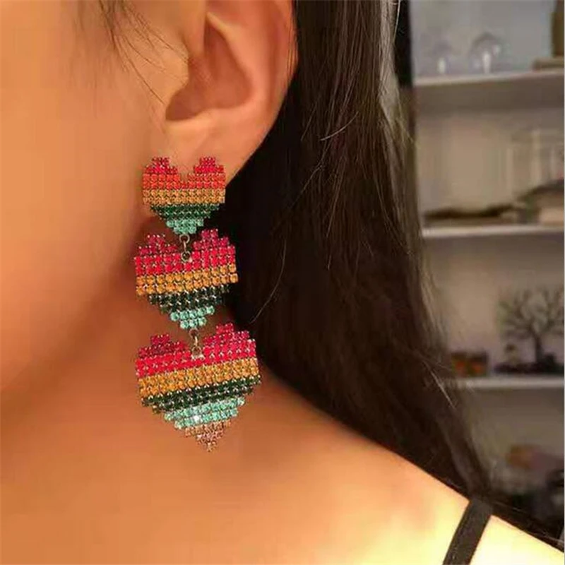 

new colorful crystal heart stud earrings for women personality prevent allergy creative big stud earrings punk jewelry gifts