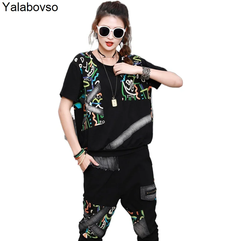

Highstreet 2 Piece Set Tracksuit Women Ankle-length Pants Harem Suit Women's Loose Short Sleeve Tees And Pencil Pants 2020 Newe
