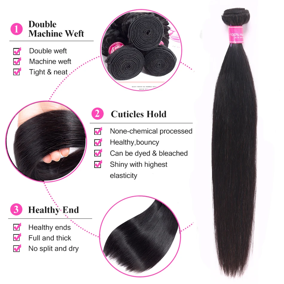 Straight Human Hair 3 Bundles With Closure Peruvian Remy Natural Color Hair Extension Hair Weave Bundles With Closure Abdo