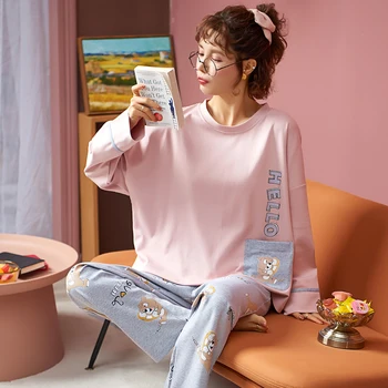

2020 Women Pajamas Sets Autumn Winter New Women Pyjamas Cotton Clothing Long Tops Set Female Pyjamas Sets NightSuit