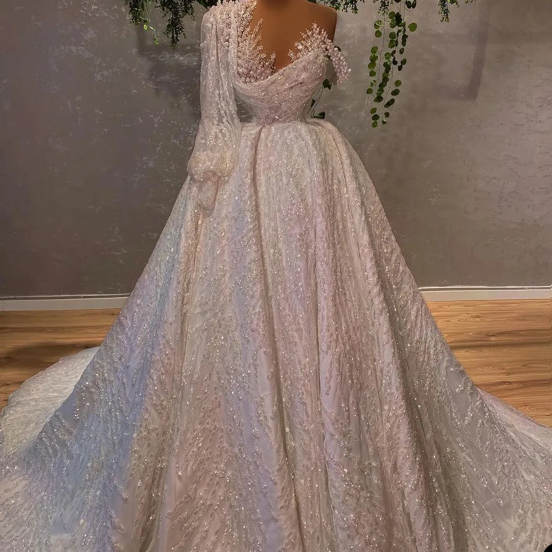 

Luxury A-Line Wedding Gown One Shoulder Long Sleeves Bridal Gown Floor Length Bling Beading And Sequins Custom Made Bridal Dress