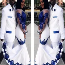 2020 nuevo de satén blanco de encaje azul Aso Ebi, africanos vestidos largos de baile mangas de ilusión de noche Formal vestidos para concursos