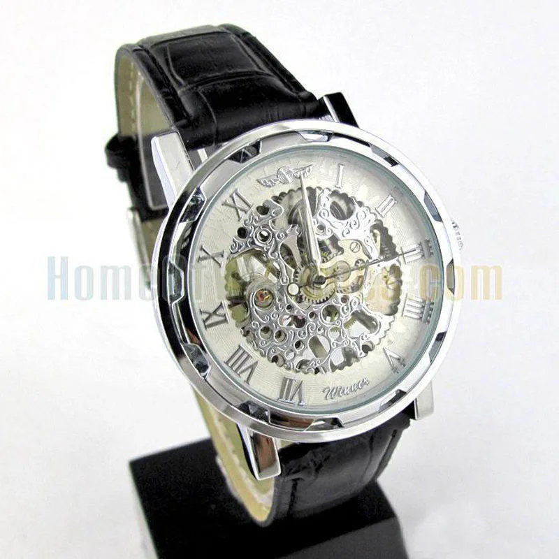 Fashion Winner Black Leather Band Stainless Steel Skeleton Mechanical Watch For Man Gold Mechanical Wrist Watch Luxury Brand 