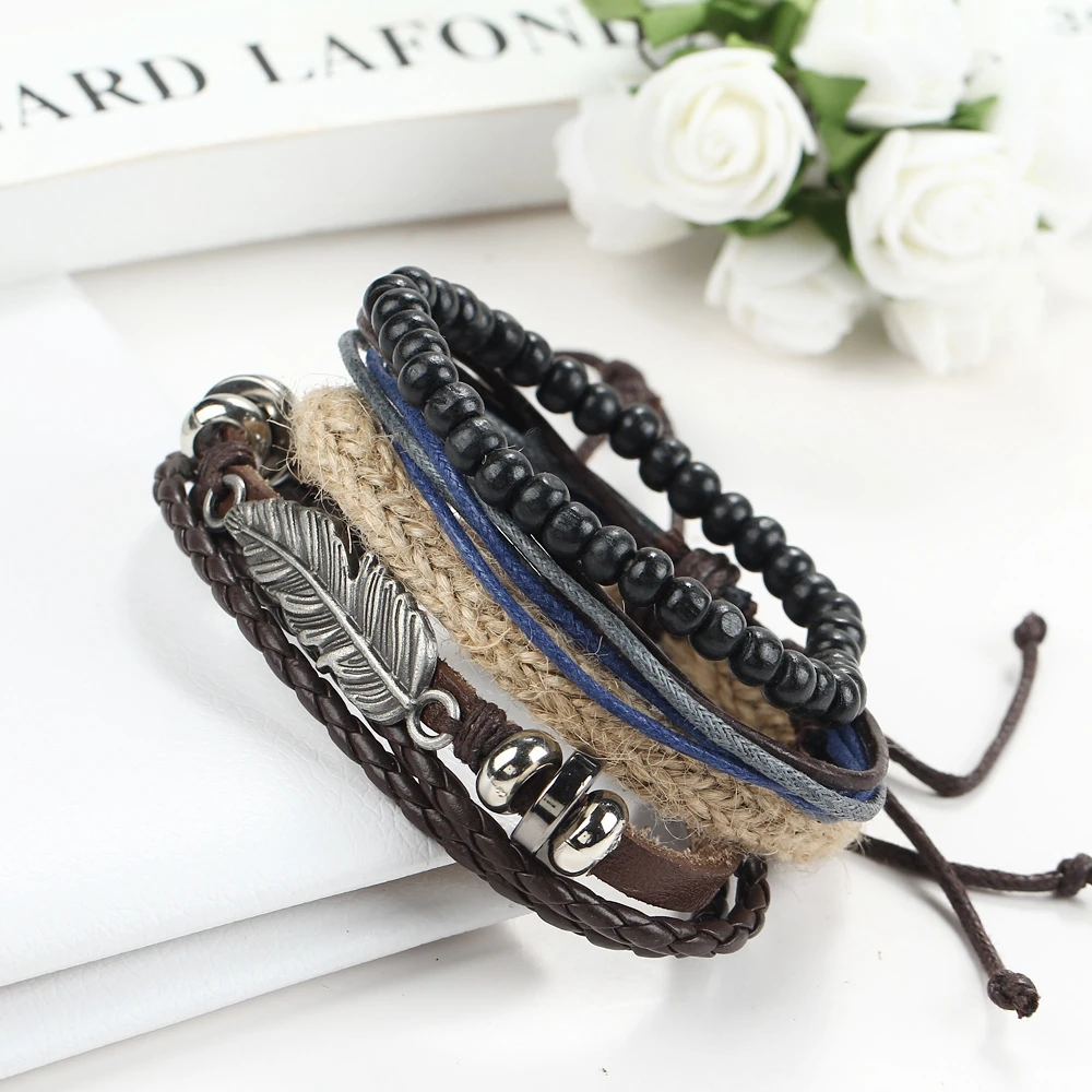 4PCS Adjustable Fashion Casual Angel Wing Feather Alloy Multilayer Leather Rope Woven Beaded Bracelet Men | Украшения и