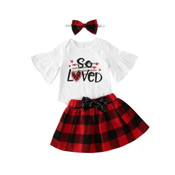 

Valentine's Day Infant Kids Girls Clothes Sets 3pcs Flare Sleeve Letter Romper Tops+Plaid Print A-Line Bow Skirts+Headband