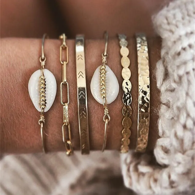 Модный женский классический браслет 6 шт./компл. из ракушек и золота с круглыми