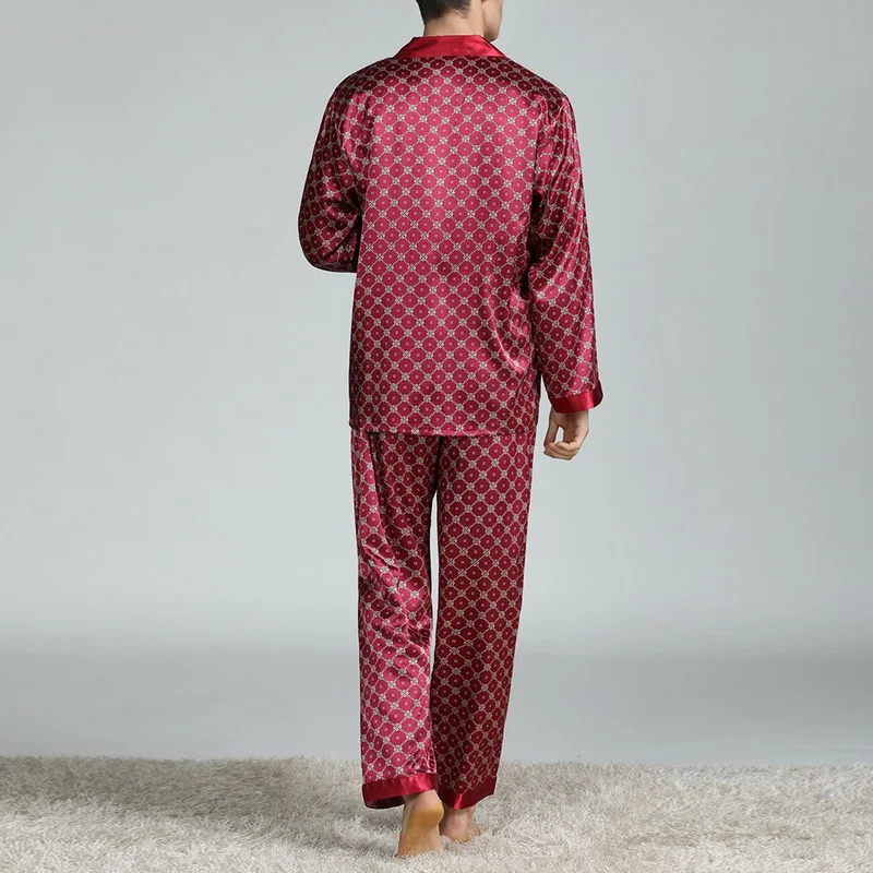 Mens Satin Silk Pajama Sets Sleepwear Casual Nightgown Loose Loungewear Pajamas Pijamas Autumn New Print Nightwear Homewear images - 6