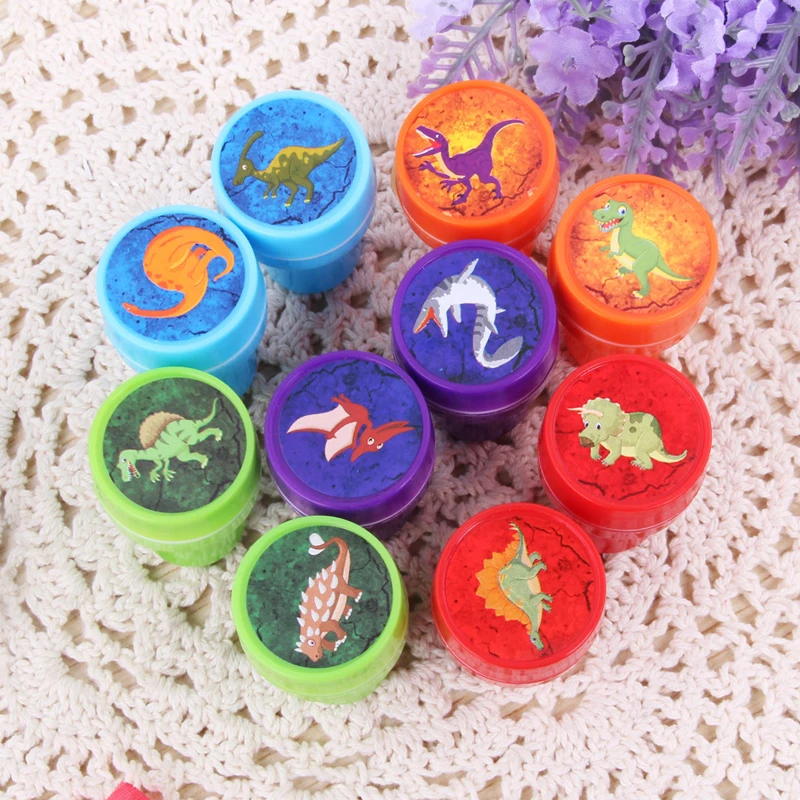 Cute Stamp Toy Cartoon Dinosaur Animal Marine Life Encourage Pattern Round Plastic DIY Toy Seal with Box for Kids 10 Pcs/Set