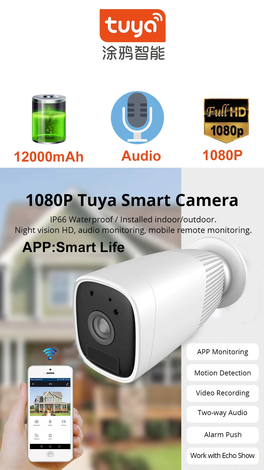 Tuay 1080P wifi батарея камера IP уличная перезаряжаемая Беспроводная ip-камера двухсторонняя аудио Встроенная 12000mAh Smart Life APP