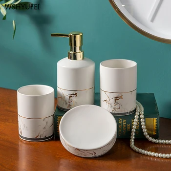 

4Pcs Nordic light luxury simple marble gold gold line ceramic home hotel bathroom shower wash set soap bottle soap dish cup