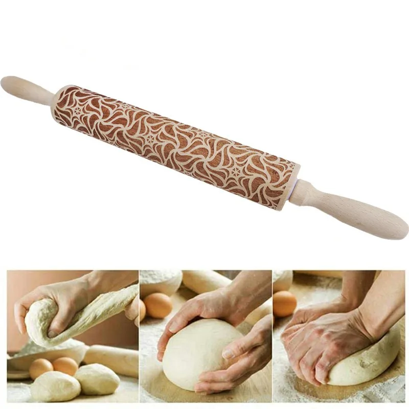 Christmas Embossing Rolling Pins Wooden Laser Engraved Carved Decorative Rolling Pin For DIY Cookies Noodle Biscuit Cake Fondant
