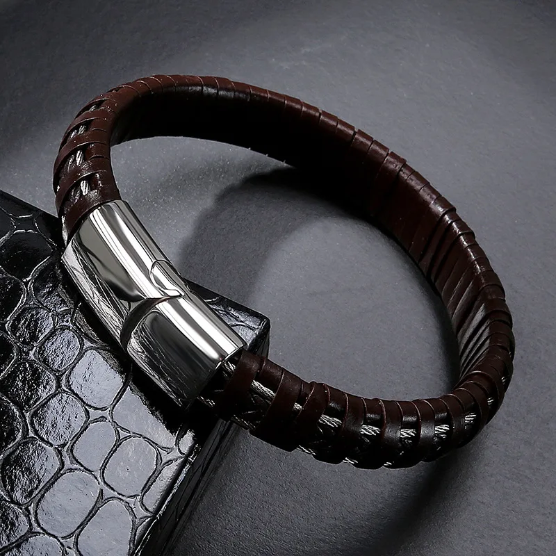 New Fashion Leather Bracelet Men Elegant Design Brown Winding Weaving Titanium Steel Bracelets For Male Wristband Jewelry Gifts