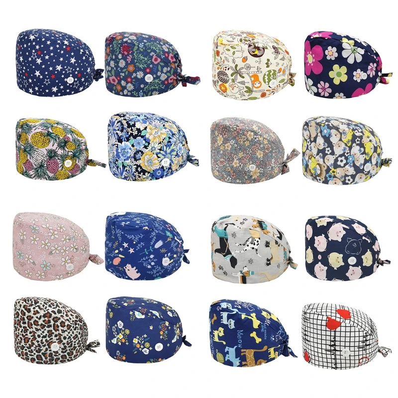 

4 Pieces Cartoon Animal Floral Printed Adjustable Working Cap with Buttons Sweatband Unisex Tie Back Bouffant Scrub Hat