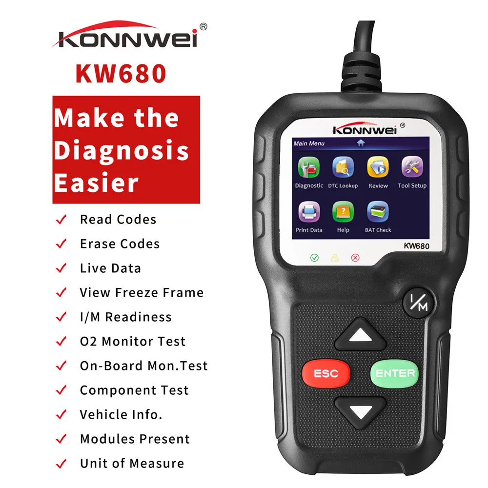 KONNWEI Автомобильный светодиодный ODB2 KW680 диагностический инструмент OBDII OBD 2 ODB автоматический сканер двигатель проверка поддержка восьми языков KW680 OBD